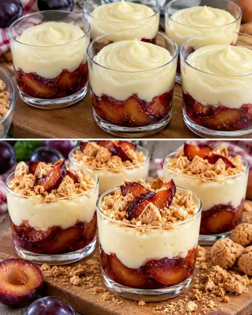 🍮 Bicchierini di Crema alla Vaniglia con Prugne Caramellate e Amaretti