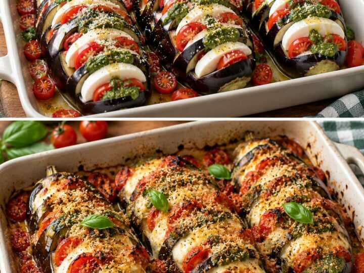 Melanzane a Fisarmonica con Mozzarella, Pomodorini e Pesto
