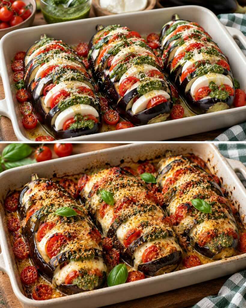 Melanzane a Fisarmonica con Mozzarella, Pomodorini e Pesto