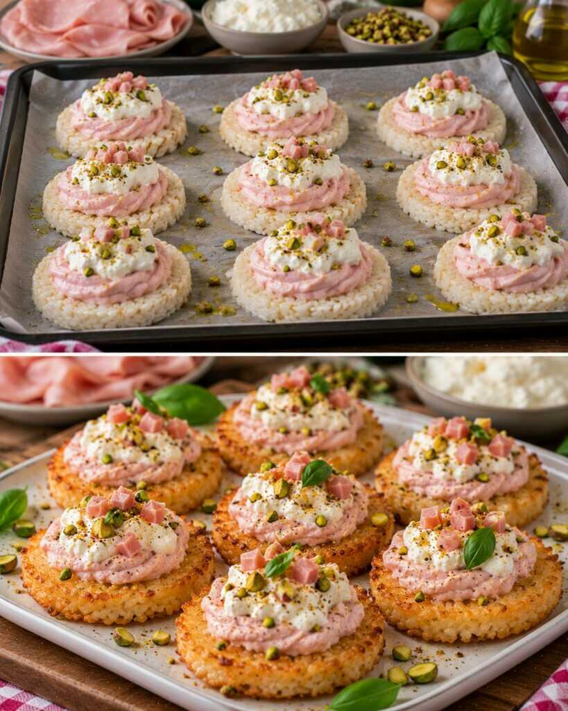 Cialde di Riso Croccante con Mousse di Mortadella e Stracciatella