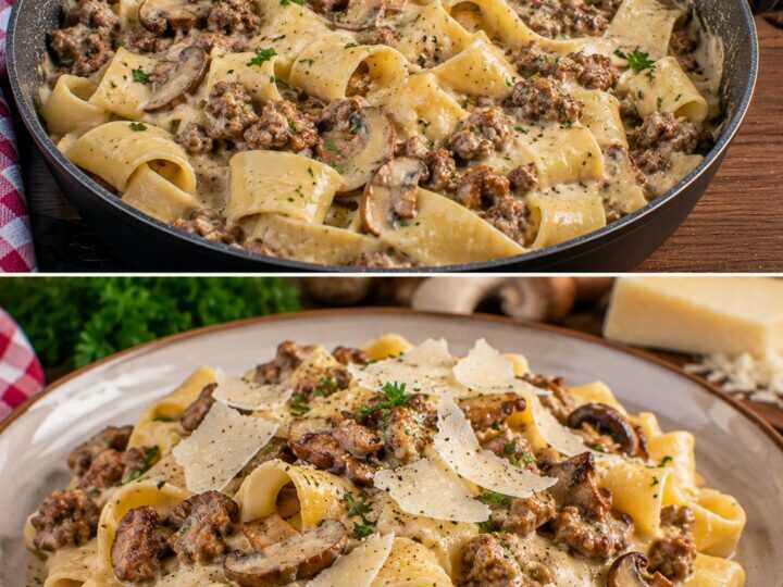 Pappardelle con Ragù Bianco di Salsiccia, Porcini e Scaglie di Grana