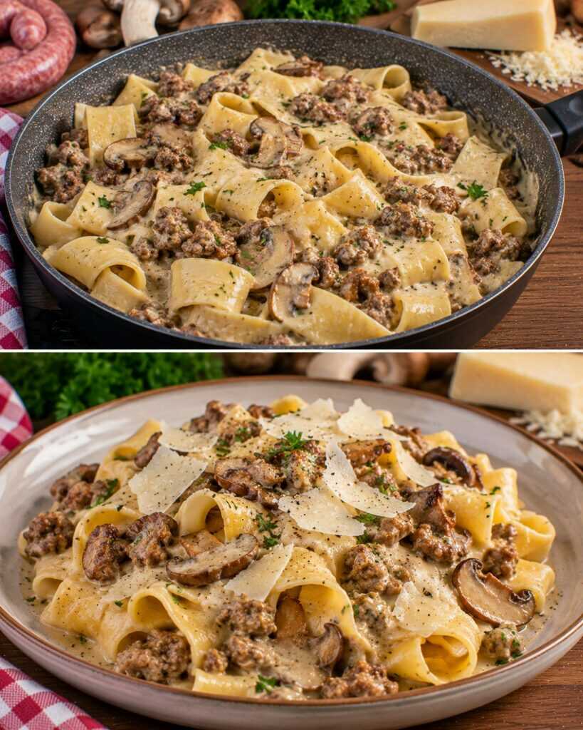 Pappardelle con Ragù Bianco di Salsiccia, Porcini e Scaglie di Grana