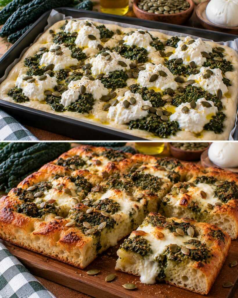 🍞 Focaccia con Pesto di Cavolo Nero, Burrata e Semi di Zucca