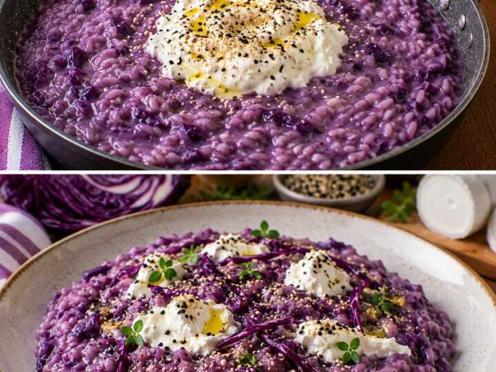 Risotto al Cavolo Viola con Crema di Caprino e Semi di Sesamo