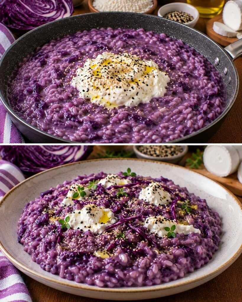 Risotto al Cavolo Viola con Crema di Caprino e Semi di Sesamo