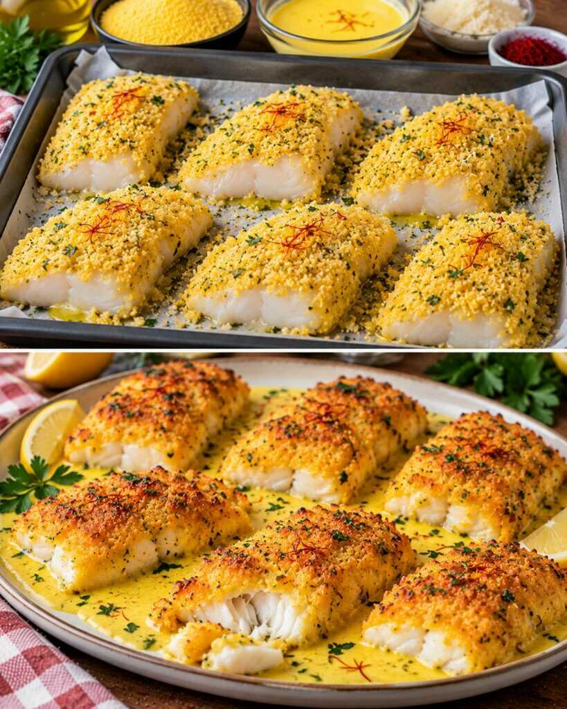 Filetti di Merluzzo in Crosta di Polenta con Salsa allo Zafferano