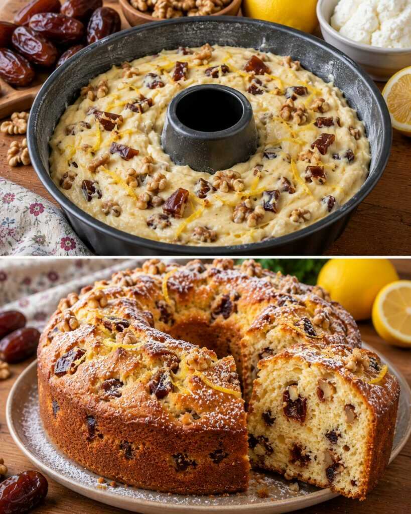 Ciambellone alla Ricotta con Datteri, Noci e Scorza di Limone