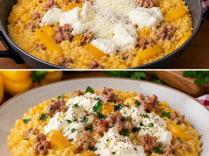 Risotto alla Crema di Peperoni Gialli con Salsiccia e Burrata