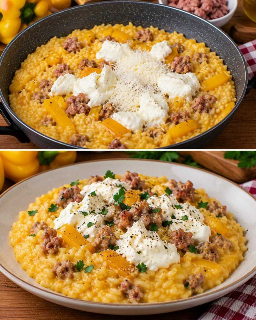 Risotto alla Crema di Peperoni Gialli con Salsiccia e Burrata