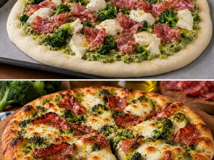 Pizza Bianca con Crema di Broccolo Fiolaro, Soppressata e Fior di Latte