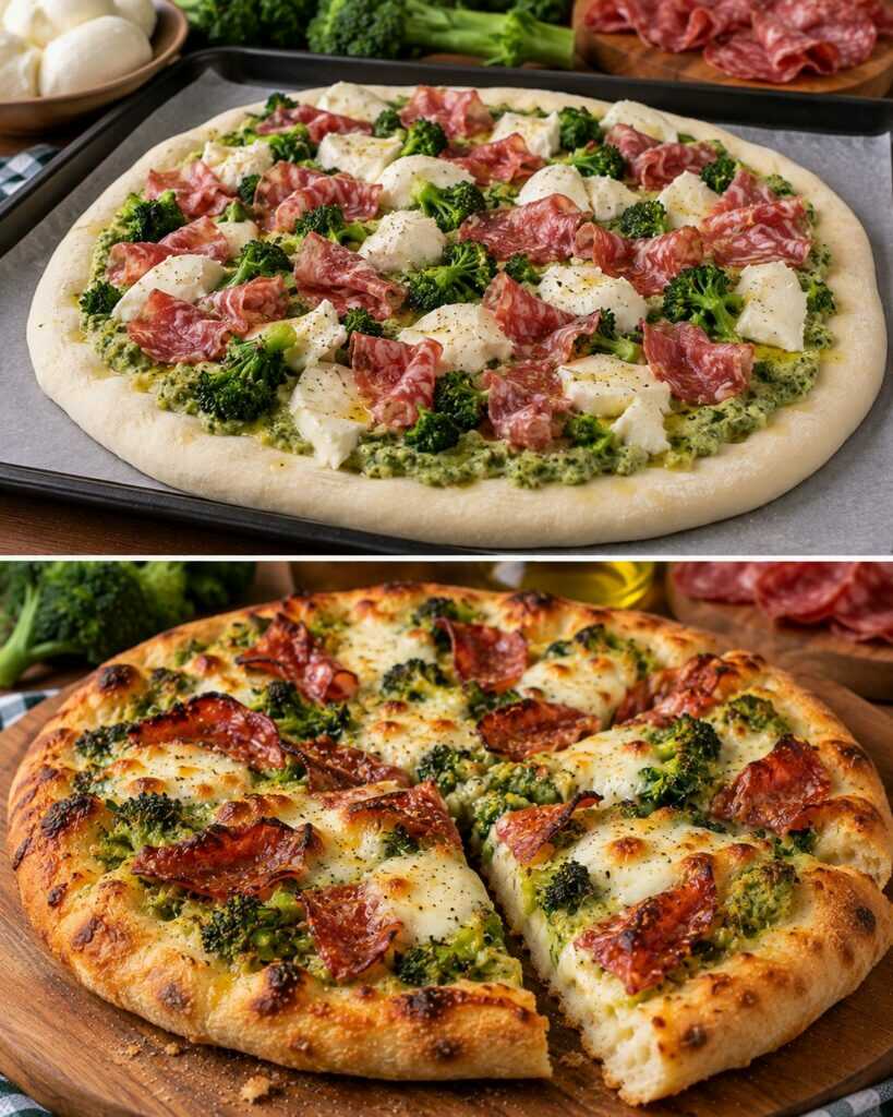 Pizza Bianca con Crema di Broccolo Fiolaro, Soppressata e Fior di Latte