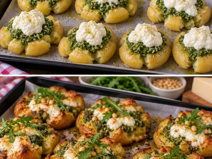 Patate Novelle Schiacciate con Pesto di Rucola e Stracciatella