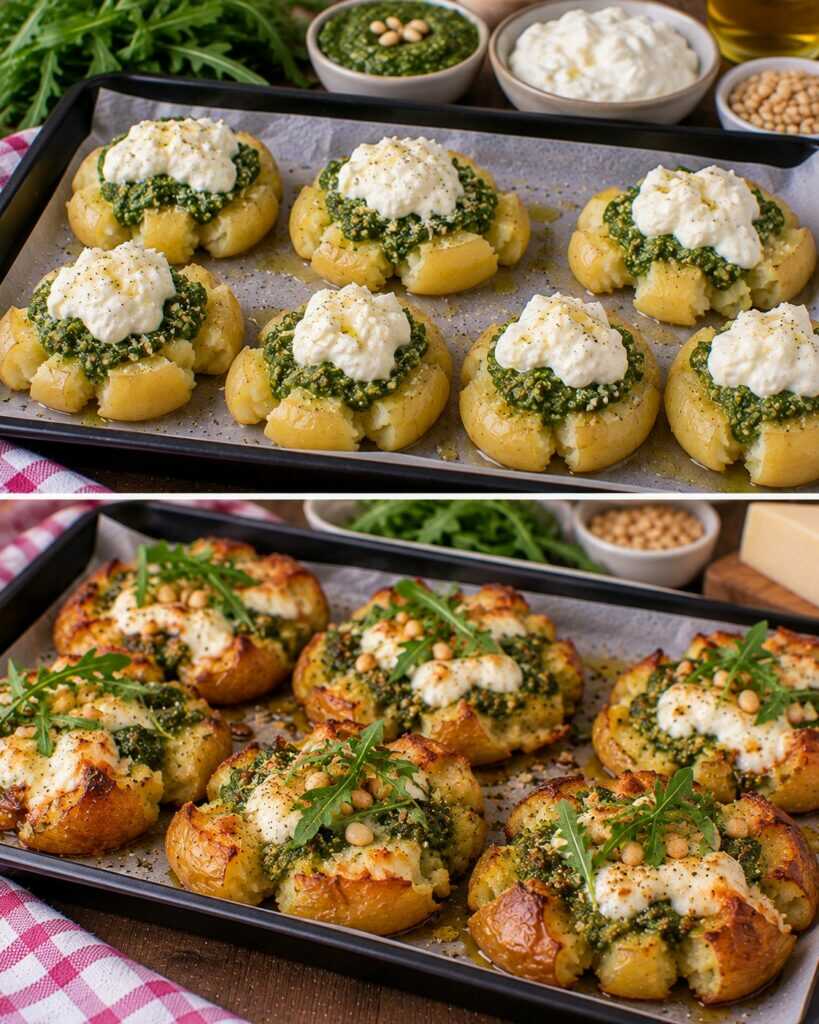 Patate Novelle Schiacciate con Pesto di Rucola e Stracciatella