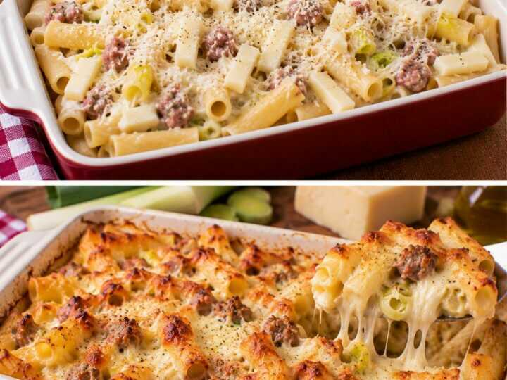 Ziti al Forno con Crema di Porri, Salsiccia e Caciocavallo