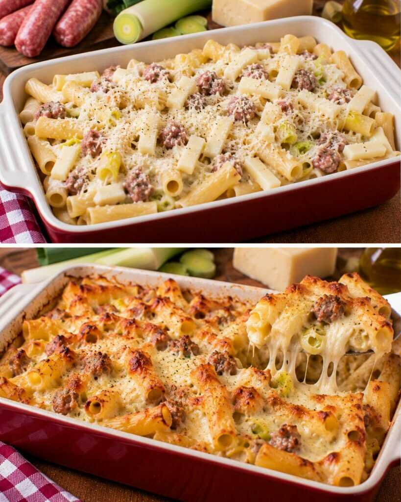 Ziti al Forno con Crema di Porri, Salsiccia e Caciocavallo