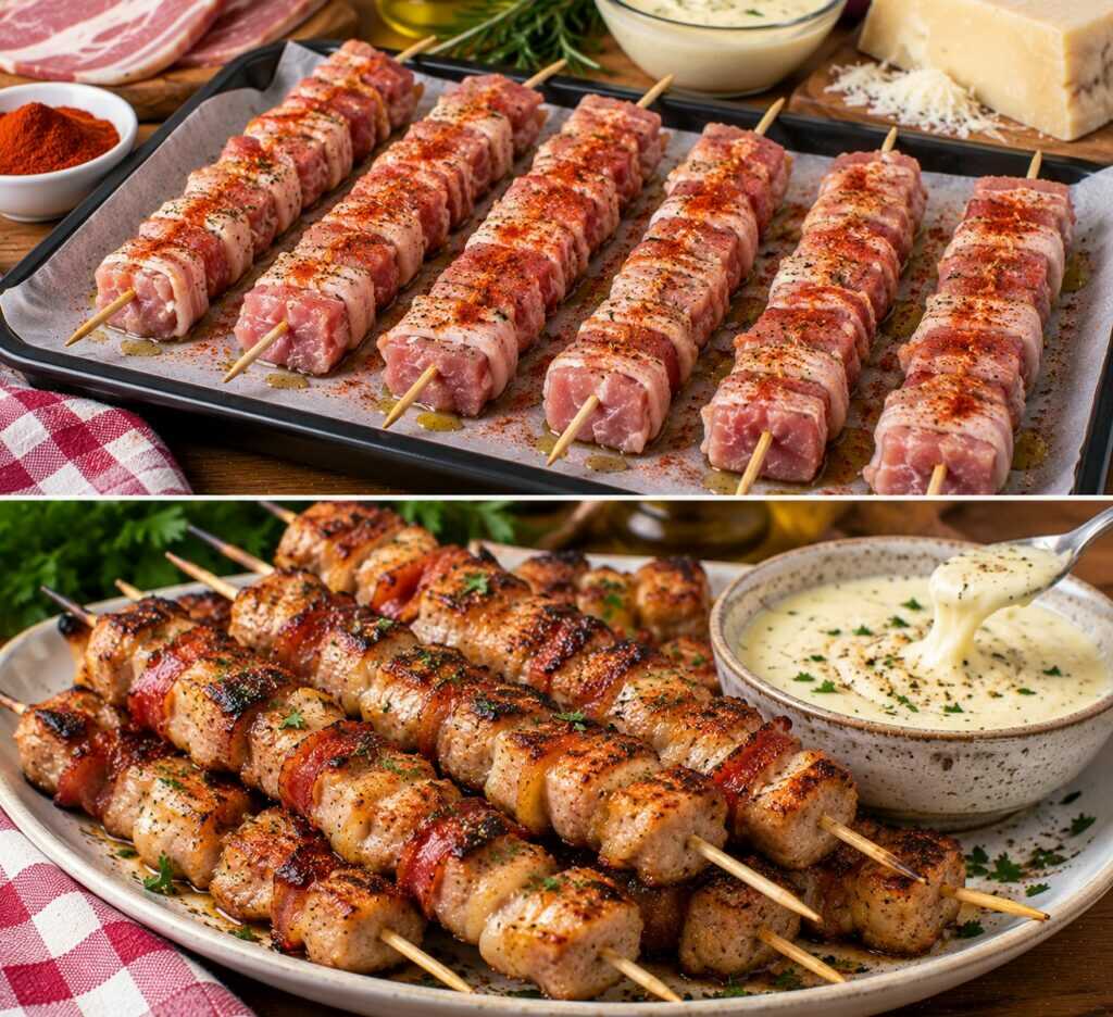 Arrosticini di Maiale con Pancetta, Paprika Dolce e Salsa al Pecorino: Croccanti, Succosi e Irresistibili