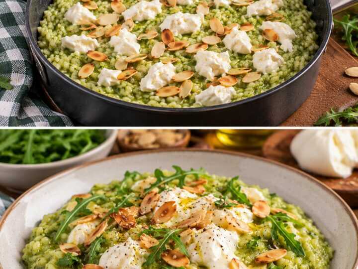 Risotto al Pesto di Rucola con Burrata e Mandorle Tostate
