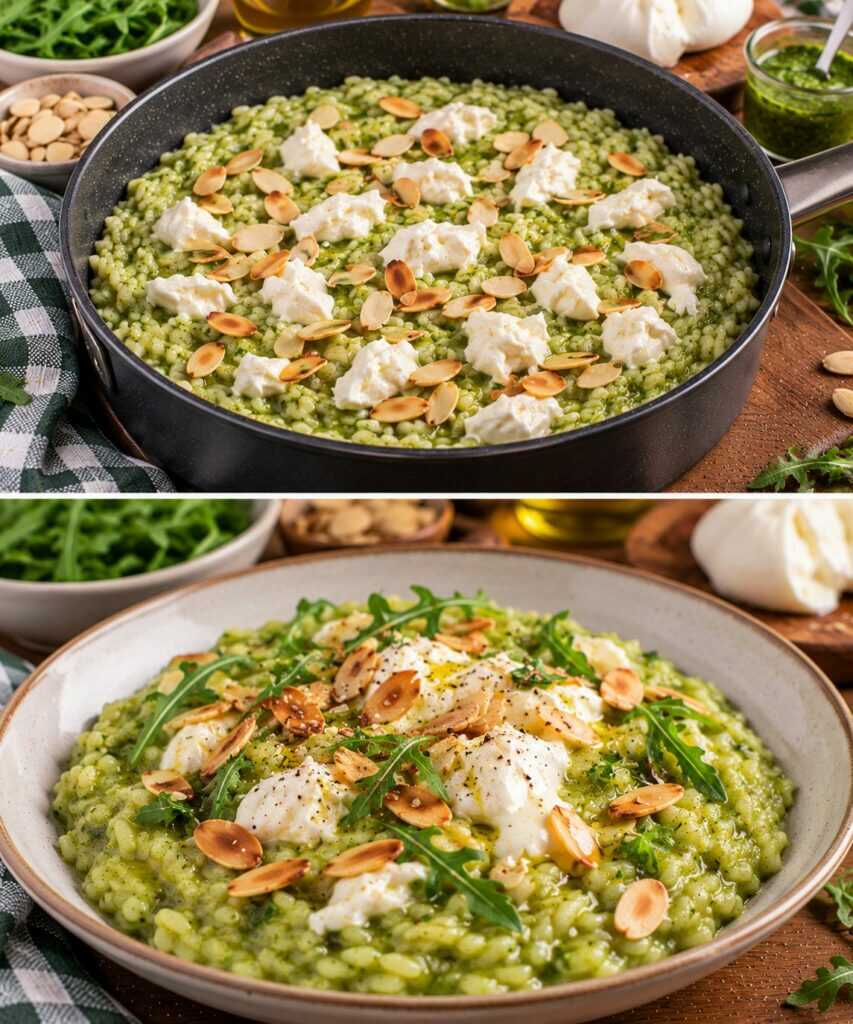 Risotto al Pesto di Rucola con Burrata e Mandorle Tostate