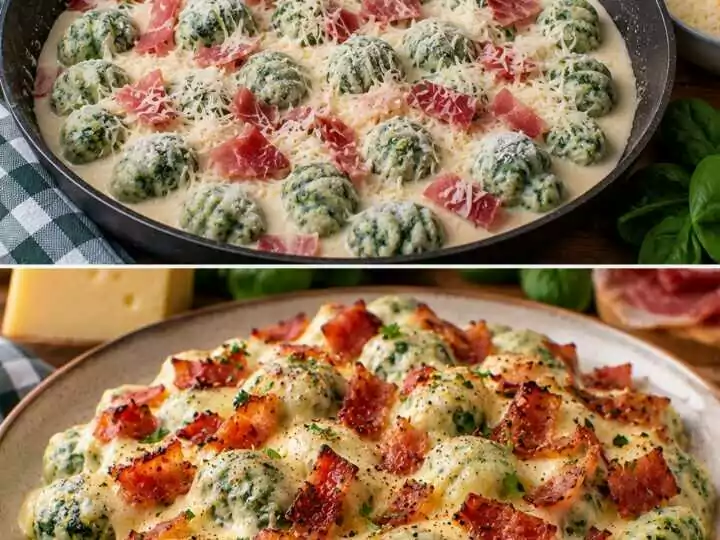 Gnocchi di Spinaci con Fonduta di Montasio e Speck Croccante