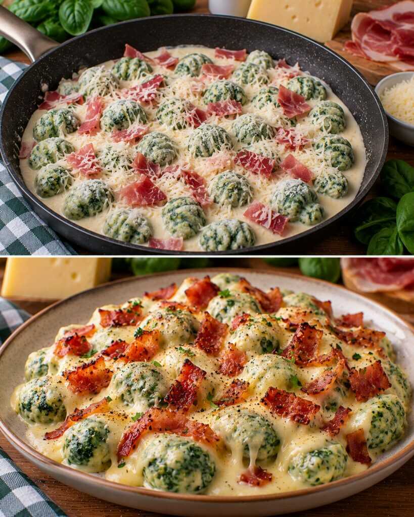 Gnocchi di Spinaci con Fonduta di Montasio e Speck Croccante