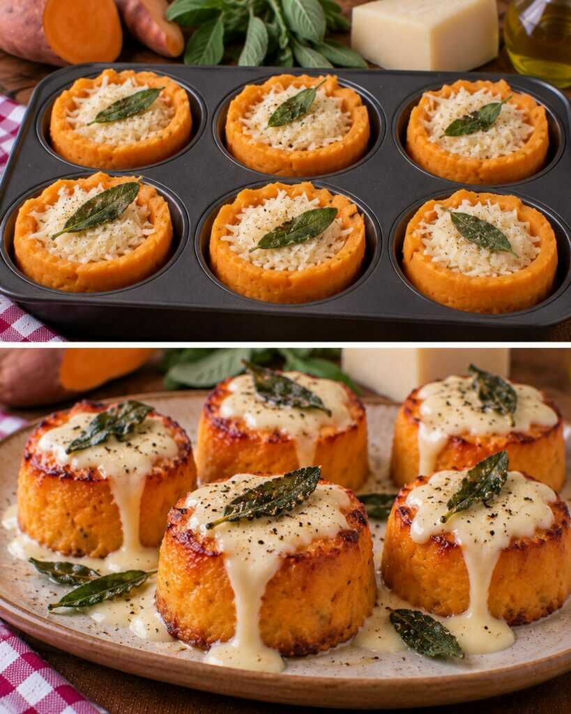 Mini Flan di Patate Dolci con Fonduta di Pecorino e Salvia