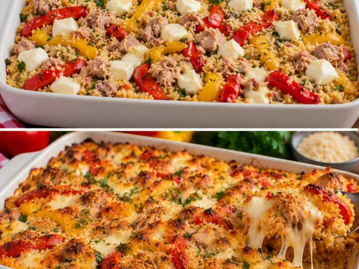 Cous Cous al Forno con Peperoni Arrostiti, Tonno e Mozzarella Filante
