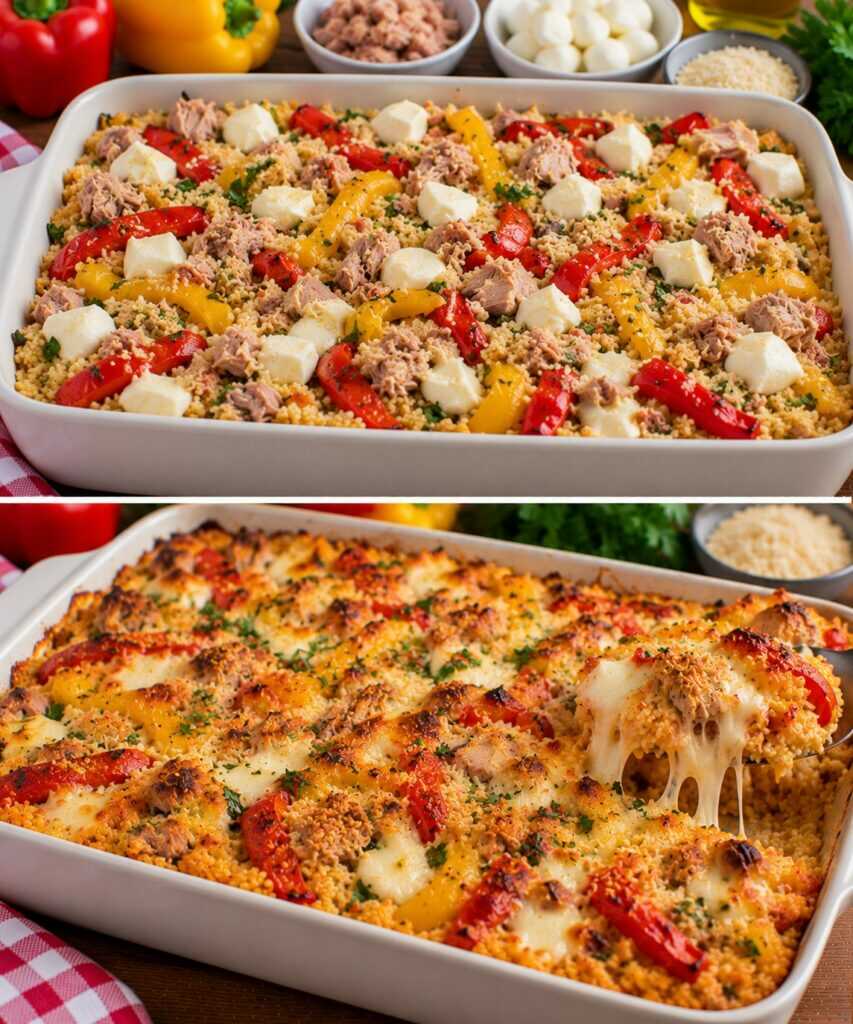 Cous Cous al Forno con Peperoni Arrostiti, Tonno e Mozzarella Filante