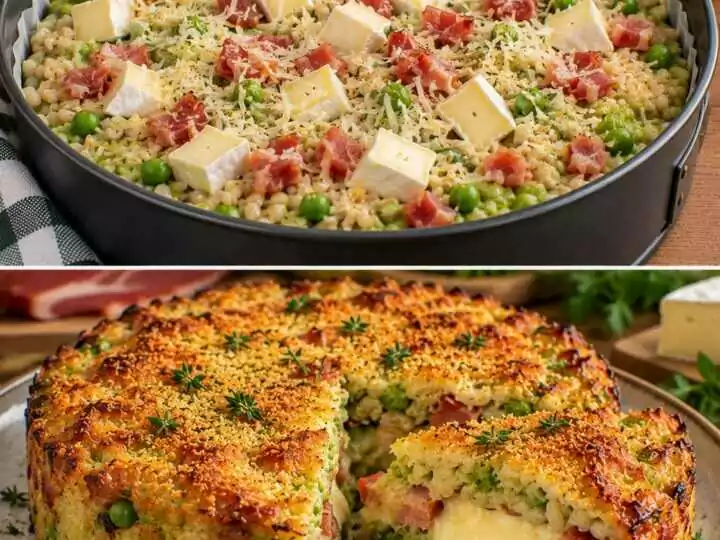 Sformato di Orzo Perlato con Crema di Piselli, Speck e Cuore di Brie