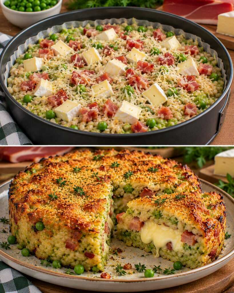 Sformato di Orzo Perlato con Crema di Piselli, Speck e Cuore di Brie