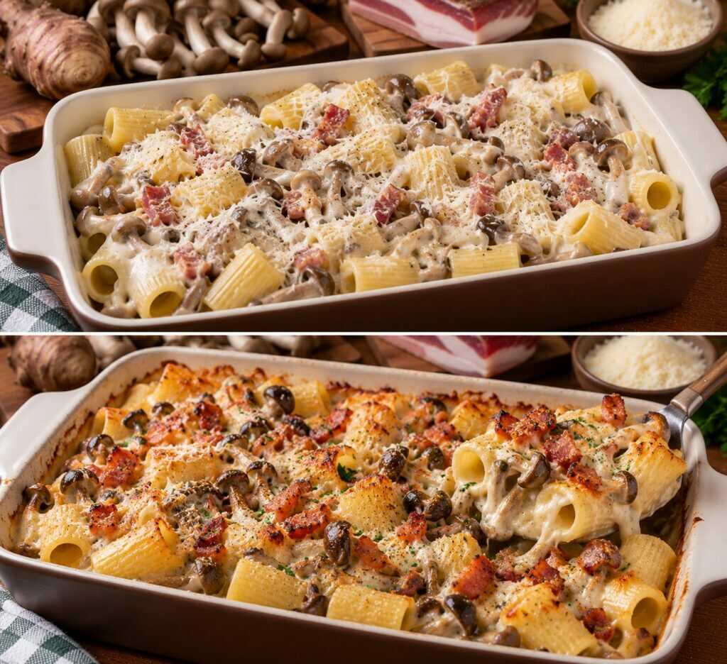 Mezzi Rigatoni con Crema di Topinambur, Funghi Chiodini e Guanciale