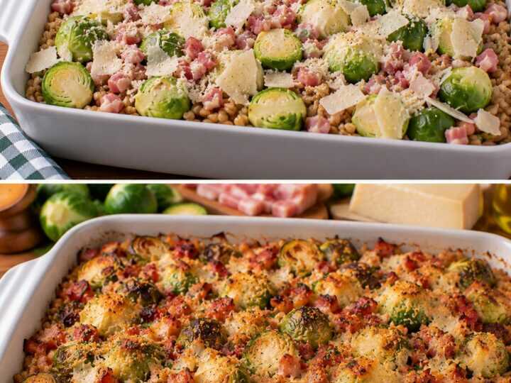 Farro Croccante al Forno con Cavoletti di Bruxelles, Pancetta e Parmigiano