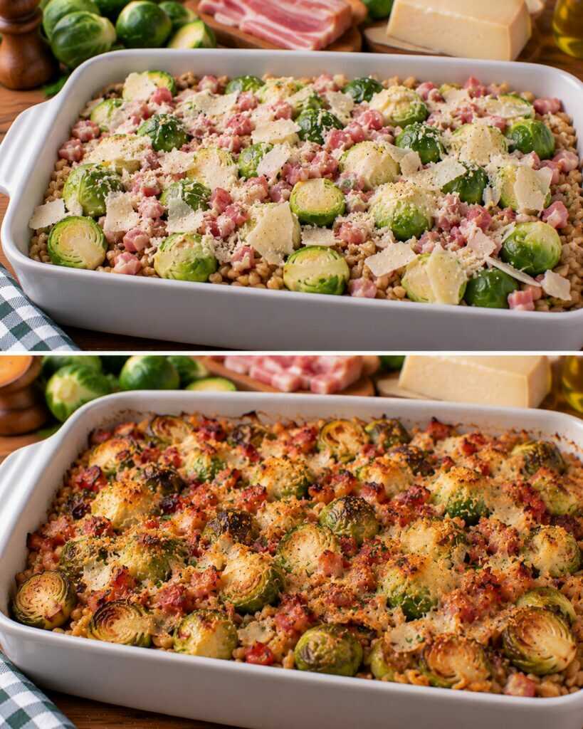 Farro Croccante al Forno con Cavoletti di Bruxelles, Pancetta e Parmigiano
