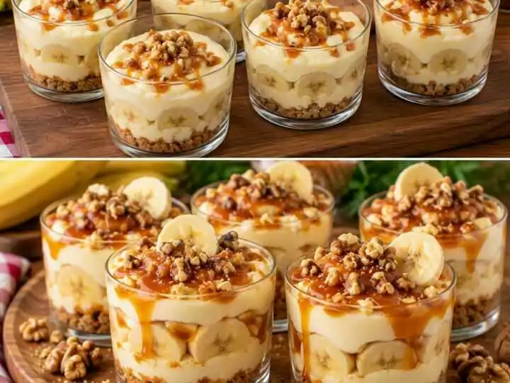 Bicchierini di Crema alla Banana con Caramello e Noci Croccanti: Un Dolce Cremoso e Irresistibile