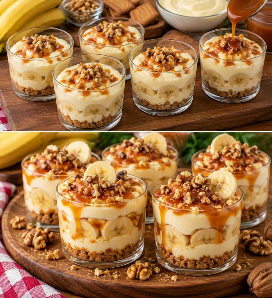 Bicchierini di Crema alla Banana con Caramello e Noci Croccanti: Un Dolce Cremoso e Irresistibile