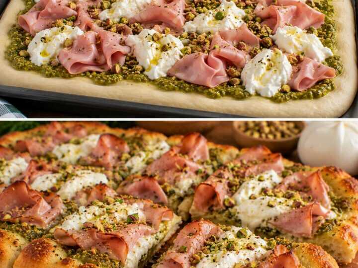 Pizza Bianca con Pesto di Pistacchi, Mortadella e Burrata