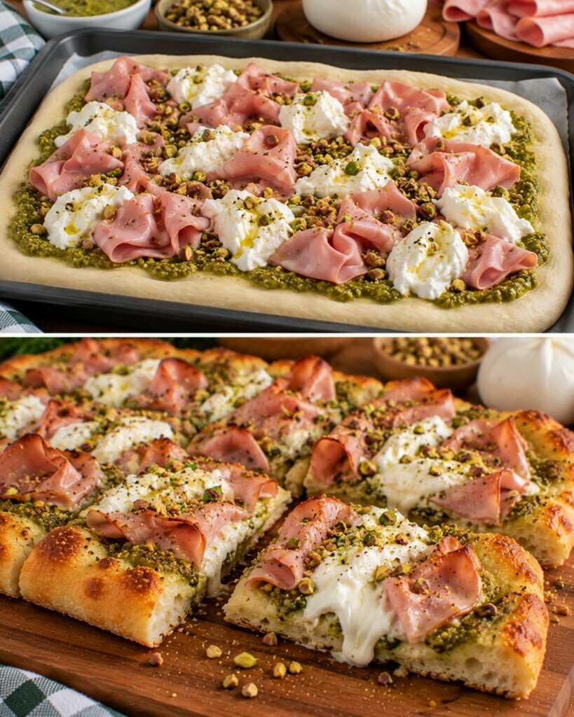 Pizza Bianca con Pesto di Pistacchi, Mortadella e Burrata