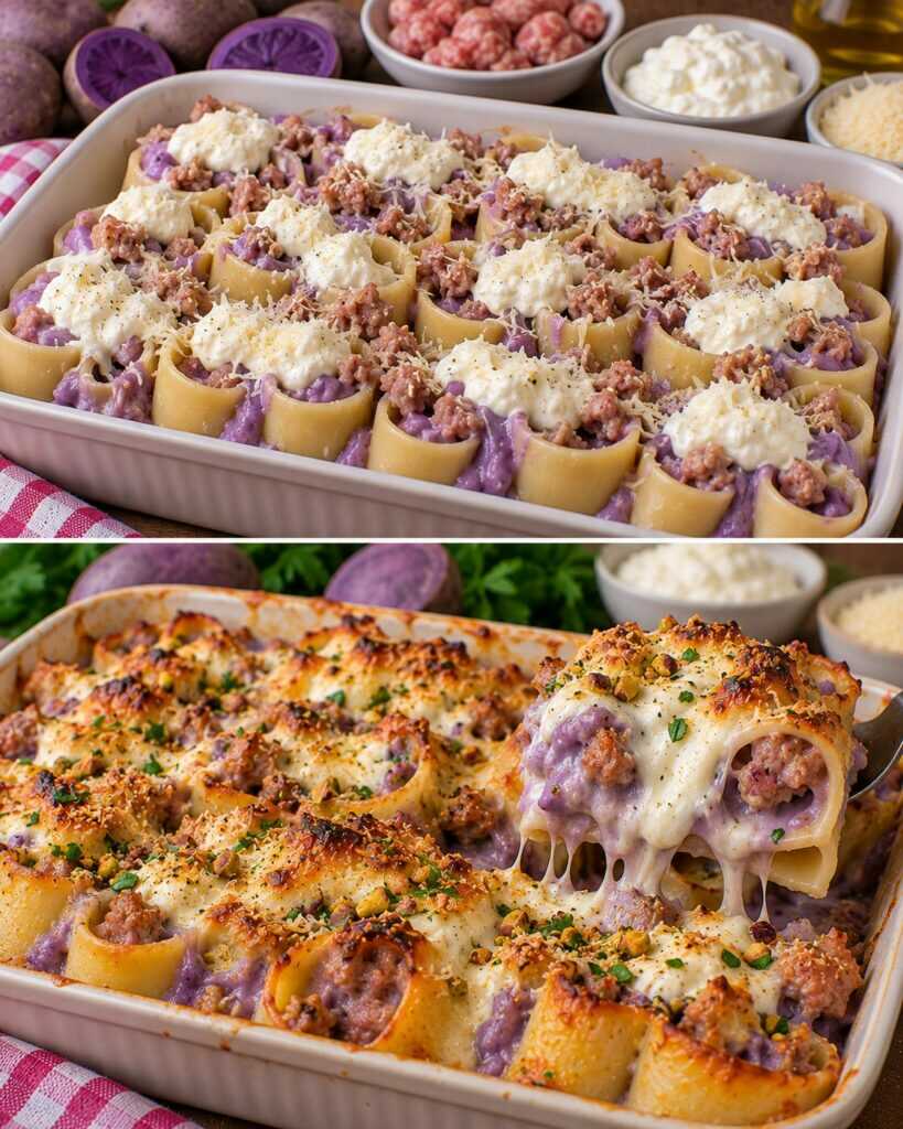 Paccheri Gratinati con Crema di Patate Viola, Salsiccia e Stracciatella