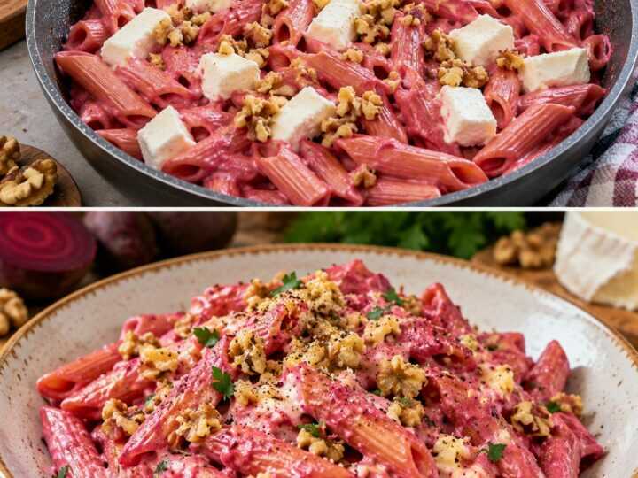 Penne Rigate con Crema di Barbabietola, Robiola e Noci