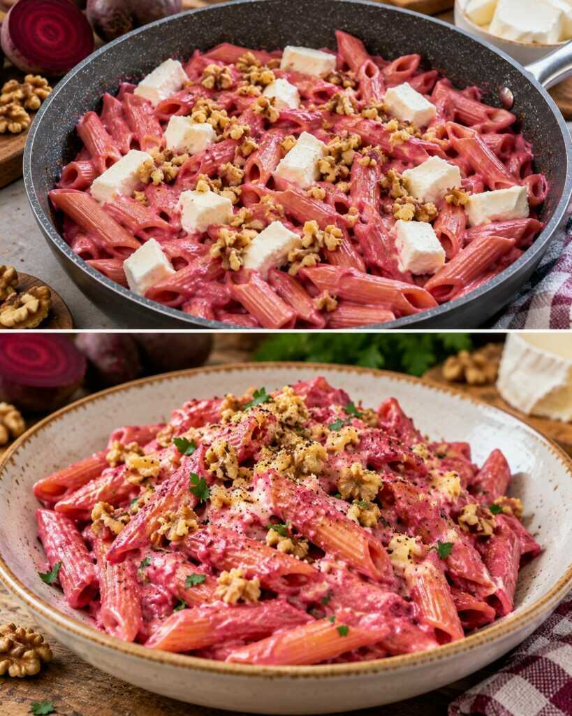 Penne Rigate con Crema di Barbabietola, Robiola e Noci