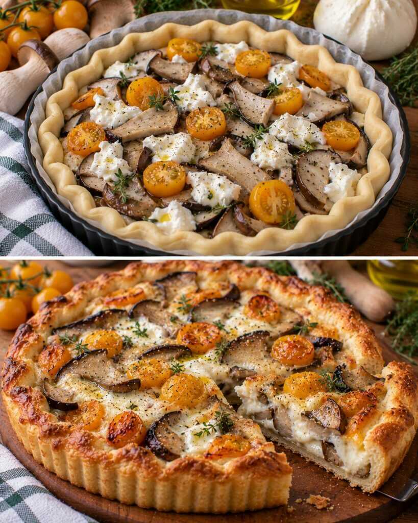 Crostata Salata con Funghi Cardoncelli, Burrata e Pomodorini Gialli