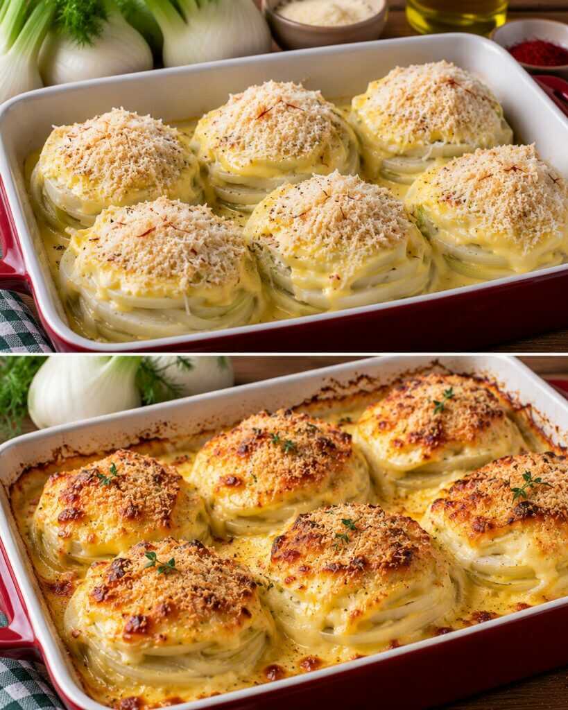 Finocchi a Millefoglie con Besciamella allo Zafferano e Parmigiano