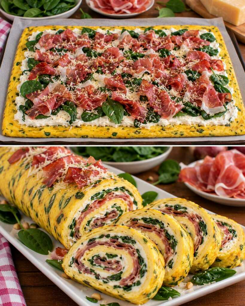 Rotolo Freddo di Frittata con Crema di Formaggio, Spinacino e Speck