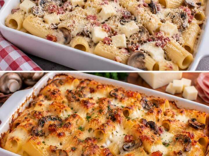 Tortiglioni Gratinati con Funghi, Pancetta e Cuore di Fontina