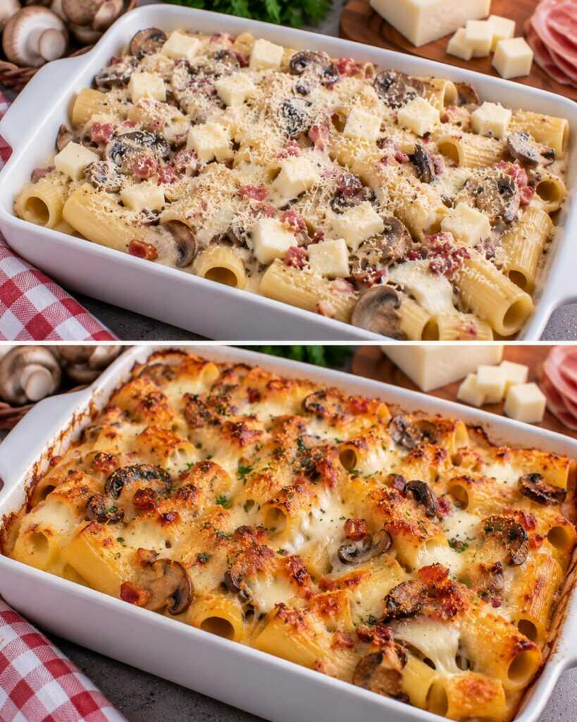 Tortiglioni Gratinati con Funghi, Pancetta e Cuore di Fontina