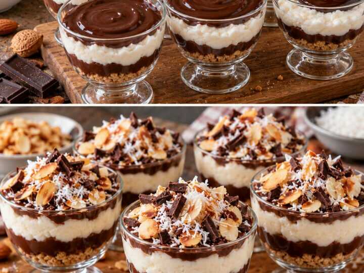 Coppe Cremose al Cioccolato Fondente con Crema al Cocco e Mandorle Croccanti