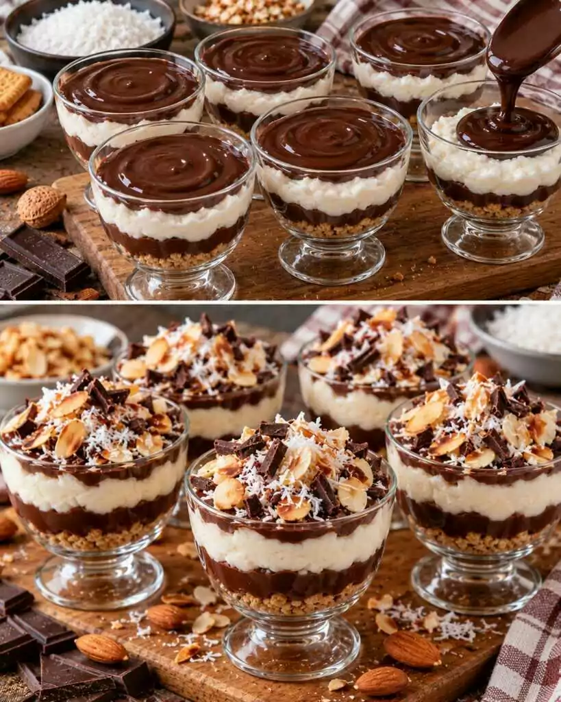 Coppe Cremose al Cioccolato Fondente con Crema al Cocco e Mandorle Croccanti