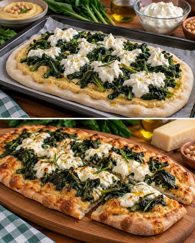 Pinsa Romana con Crema di Ceci al Rosmarino, Cicoria Ripassata e Stracciatella