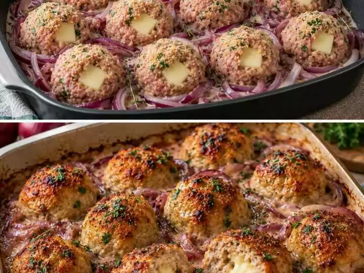 Polpette di Maiale Ripiene di Fontina con Crema di Cipolle Rosse