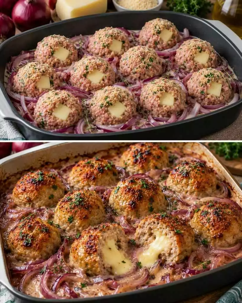 Polpette di Maiale Ripiene di Fontina con Crema di Cipolle Rosse