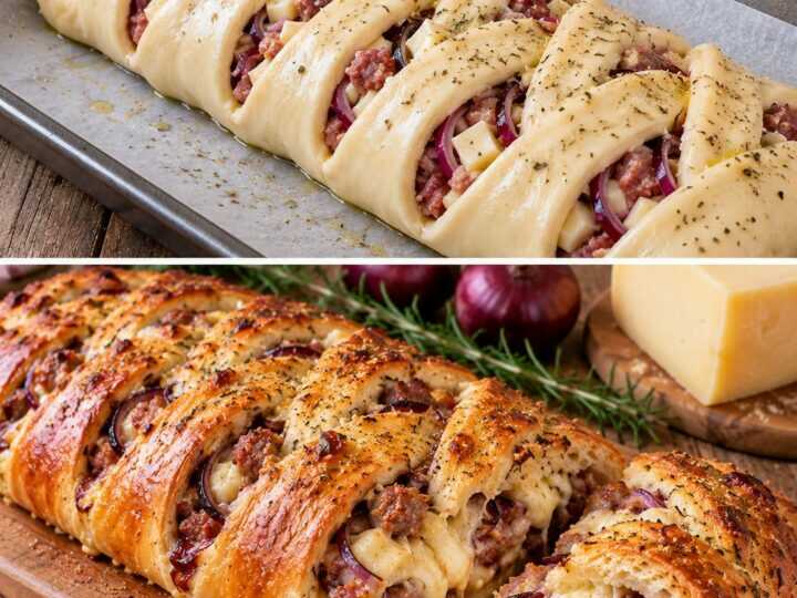 Focaccia Intrecciata con Cipolle Rosse, Salsiccia e Caciocavallo